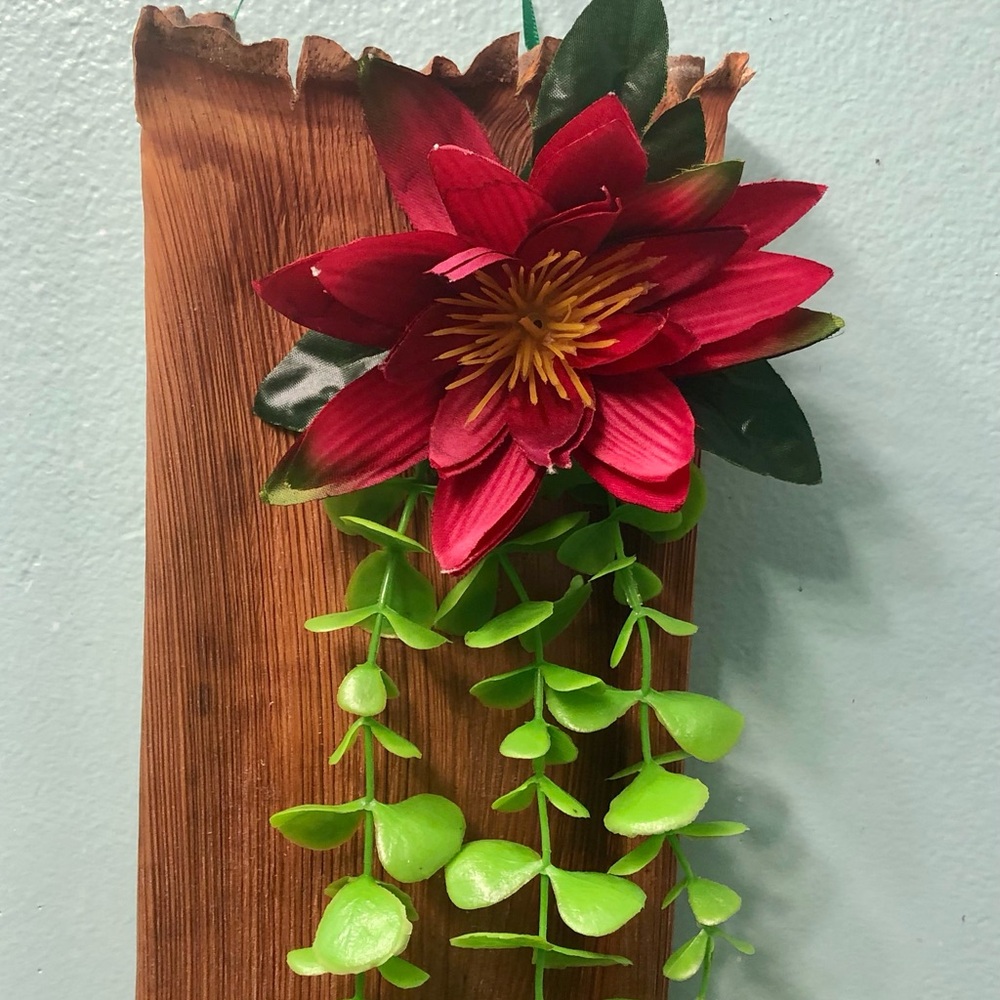 Red lotus  Flower Wall Hanging with Green Vines 20”